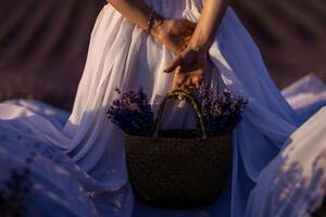 zurück Aussicht Frau Lavendel Sonnenuntergang. glücklich Frau im Weiß Kleid hält Lavendel Strauß. Aromatherapie Konzept, Lavendel Öl, Foto Session im Lavendel