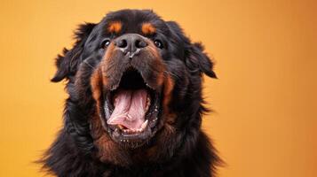 tibetanisch Dogge, wütend Hund entblößt es ist Zähne, Studio Beleuchtung Pastell- Hintergrund foto