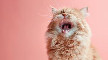 Selkirk Rex, wütend Katze entblößt es ist Zähne, Studio Beleuchtung Pastell- Hintergrund foto