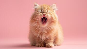 Zwerg, wütend Katze entblößt es ist Zähne, Studio Beleuchtung Pastell- Hintergrund foto