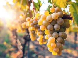 üppig Weinberg gebadet im Sonnenlicht mit reif Obst warten zu Sein geerntet im das Gipfel von Sommer- foto