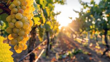 üppig Weinberg gebadet im Sonnenlicht mit reif Obst warten zu Sein geerntet im das Gipfel von Sommer- foto