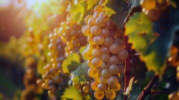 üppig Weinberg gebadet im Sonnenlicht mit reif Obst warten zu Sein geerntet im das Gipfel von Sommer- foto