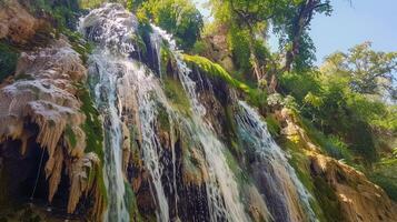 majestätisch Wasserfall Kaskadierung Nieder moosbedeckt Felsen in erfrischend Schwimmbad unten foto