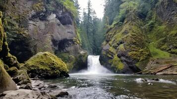 majestätisch Wasserfall Kaskadierung Nieder moosbedeckt Felsen in erfrischend Schwimmbad unten foto