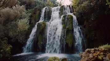 majestätisch Wasserfall Kaskadierung Nieder moosbedeckt Felsen in erfrischend Schwimmbad unten foto