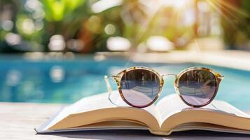 Paar von Sonnenbrille ruhen auf Buch durch das am Pool, Inbegriff faul Sommer- Tage foto