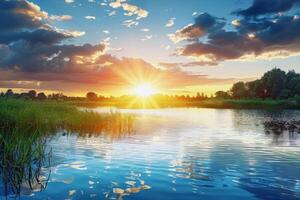 Sonnenuntergang Über still See, Gießen warm glühen Über das Wasser und Umgebung Landschaft foto