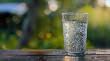 erfrischend Glas von Limonade, Kondensation glitzernd im das Sommer- Hitze foto