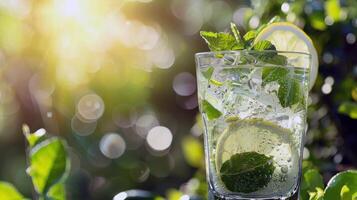 erfrischend Glas von Limonade, Kondensation glitzernd im das Sommer- Hitze foto