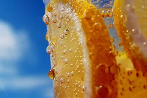 erfrischend Glas von Limonade, Kondensation glitzernd im das Sommer- Hitze foto