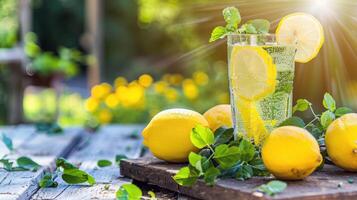 erfrischend Glas von Limonade, Kondensation glitzernd im das Sommer- Hitze foto