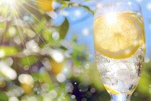 erfrischend Glas von Limonade, Kondensation glitzernd im das Sommer- Hitze foto