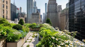 Dach Garten Oase im das Herz von das Stadt, Blühen mit beschwingt Blumen und grün Laub foto