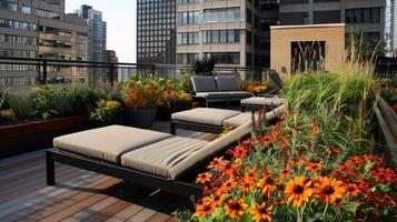 Dach Garten Oase im das Herz von das Stadt, Blühen mit beschwingt Blumen und grün Laub foto