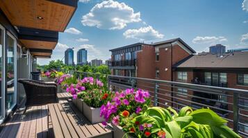 Dach Garten Oase im das Herz von das Stadt, Blühen mit beschwingt Blumen und grün Laub foto