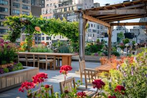 Dach Garten Oase im das Herz von das Stadt, Blühen mit beschwingt Blumen und grün Laub foto