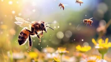 sonnig Wiese am Leben mit das Summen von Bienen und das zwitschern von Grillen, Symphonie von Sommer- Geräusche foto