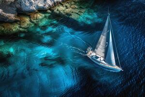 Segelboot gleiten über funkelnd Blau Gewässer, angetrieben durch sanft Sommer- Brise foto