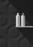 Kosmetikmarke Vorlage. Rasterverpackung. Öl, Lotion, Shampoo. Flaschenmodell eingestellt. auf dem Regal. 3D-Darstellung foto