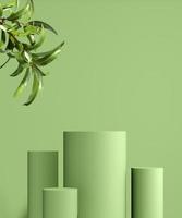 Schaufenster für Naturkosmetikprodukt. leere Szene mit grünen Blättern auf monochromem Hintergrund. 3D-Rendering foto