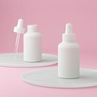 sauberes rosa modernes minimalistisches Design. kosmetische Tropfflasche für Flüssigkeit, Creme, Gel, Lotion. Beauty-Produktpaket, leere Vorlage aus weißem Plastikglas. 3D-Darstellung. foto