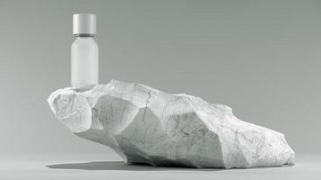 Flasche ätherisches Massageöl auf Stein - Schönheitsbehandlung. minimales weißes Design-Verpackungsmodell. 3D-Darstellung. foto