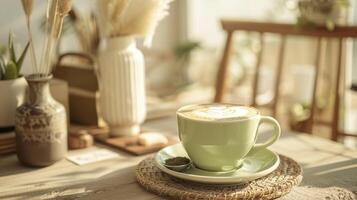 ein Matcha Cappuccino auf ein Arbeit Tabelle im ein Boho-Stil Büro foto