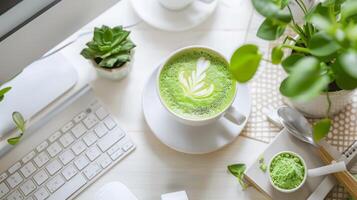 ein Matcha Cappuccino auf ein Arbeit Tabelle im ein Boho-Stil Büro foto