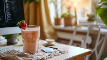 ein Obst Smoothie auf ein Arbeit Tabelle im ein Boho-Stil Büro foto