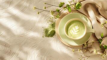 ein Matcha Cappuccino auf ein Arbeit Tabelle im ein Boho-Stil Büro foto