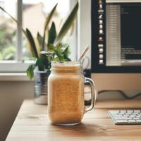 ein Obst Smoothie auf ein Arbeit Tabelle im ein Boho-Stil Büro foto