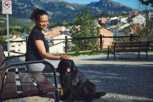 glücklich jung Frau streicheln ihr Hund Sein ging auf auslaugen auf das Natur, Sitzung auf das Bank gegen Berge Hintergrund foto