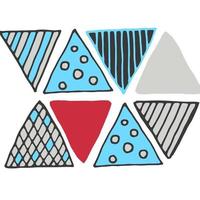 abstraktes rotes und blaues Dreieck und Kreismuster mit moderner abstrakter Textur auf Weiß.