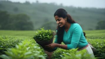 indisch Frau Sammeln Tee Blätter in Korb beim Plantage. Plantage Arbeiter. foto