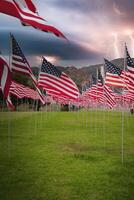 dramatisch amerikanisch Flaggen Anzeige im grasig Kalifornien Feld foto