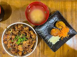 japanisch Essen namens buta Don oder gyu Don oder Rindfleisch Reis Schüssel oder Schweinefleisch Reis Schüssel serviert mit Miso Suppe und gebraten Ei rollen. foto