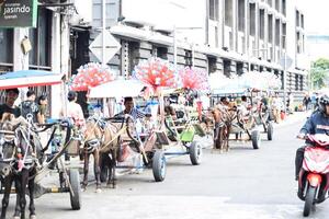 delman warten zum Tourist, stoppt beim alt Stadt Straße. delman ist ein traditionell Pferd Transport. Jakarta, Indonesien, kann 1, 2024 foto