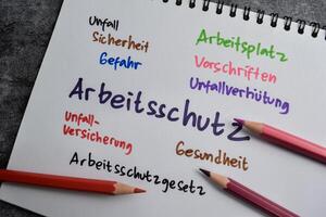 Konzept von arbeitsschutz schreiben auf Buch mit Schlüsselwörter isoliert auf hölzern Tisch. foto