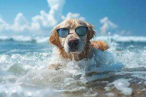 Haustier Abonnieren im Sonnenbrille genießt Schwimmen im das Meer Wellen. komisch heiter Hund auf Ferien auf das Meer Küste foto