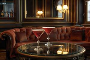 ein schick teuer Restaurant, ein Atmosphäre von Luxus, im dim Licht, in der Nähe von ein Velours Sofa, zwei alkoholisch Cocktails auf das Tabelle foto