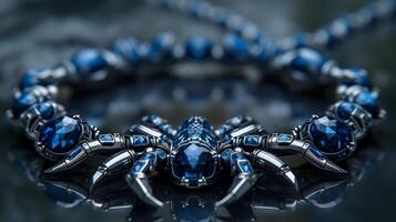 ein nervös, futuristisch skorpionförmig Armband mit Neon- Blau Saphire und poliert Silber. foto