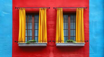 ein minimalistisch Illustration von Fenster auf das Außen von ein Gebäude und ein Mauer Das Theaterstücke mit Fett gedruckt Farbe Kontrast. zwischen Gelb Blau und rot geeignet zum anziehen Aufmerksamkeit, kommunizieren ein Botschaft. foto