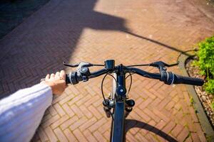 Radfahrer Frau Reiten im ein sonnig Sommer- Park, erste Person Aussicht foto