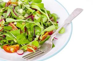 Salat aus jungen Blättern von Rüben, Kirschen, Rettich und Kürbiskernen. foto