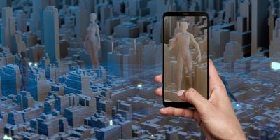 Metaverse-Welt im Smartphone, die eine simulierte Stadt auf dem Bildschirm anzeigt, Menschen in der virtuellen Welt 3D-Darstellung foto