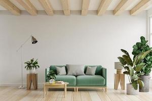 Wohnzimmerwandmodell in hellen Tönen mit grünem Sofa und Pflanze mit weißem Wandhintergrund.