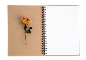 getrocknete Rosenblüte mit Bleistift auf Notizbuch foto