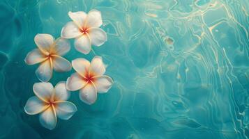 tropisch Blumen im ein oben Aussicht schwebend Über ein Hintergrund von Blau Wasser foto