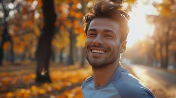 Porträt von ein Mann Laufen im das Park im das Morgen foto